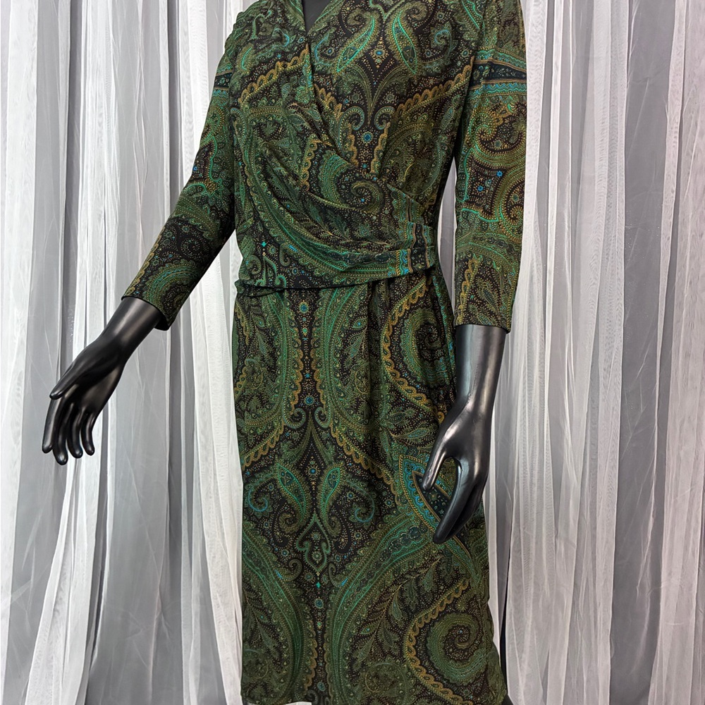 Jones New York Green Paisley Long Sleeve Dress